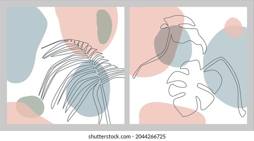 abstract shapes and floral outlined palm leaf element artistic textures, soft pastel earthy color palette modern background, wall art contemporary minimalist square print, vector illustration graphic