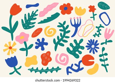 Formas abstractas y flores de estilo doodle. Hojas dibujadas a mano, blobs, garabatos, salpicaduras, hierbas aisladas elementos. Ilustración vectorial de moda en colores brillantes. Decoración infantil