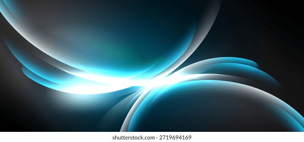Formas abstratas, linhas fluidas, luz brilhante criam composição dinâmica. Fundo escuro enfatiza curvas luminosas, estética moderna.