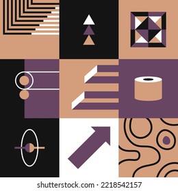 Abstract shapes and forms in squares, geometric print. Triangles showing up, circles and curved lines, arrow and pointer, contemporary design for background. Vector in flat style illustration