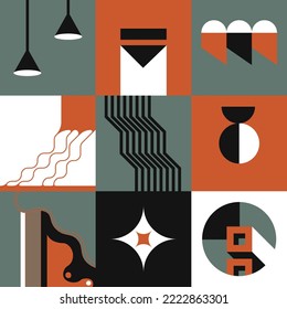 Abstract shapes and forms in squares, geometric print. Triangles showing up, circles and curved lines, arrow and pointer, contemporary design for background. Vector in flat style illustration