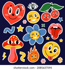 Abstract shapes, funny comic cute characters and doodles stickers patches badges. Trendy modern style emoticons set. Vector illustration