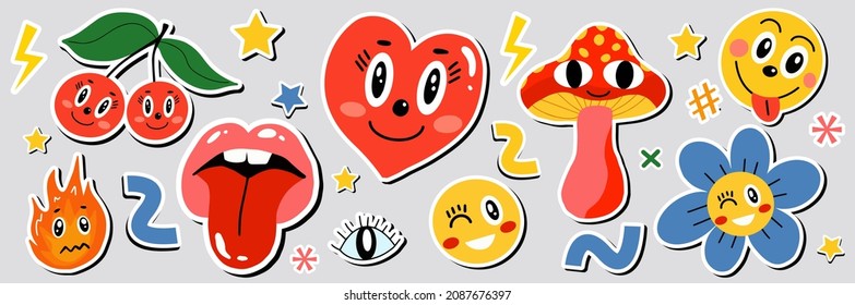 Abstract shapes, funny comic cute characters and doodles stickers patches badges. Trendy modern style emoticons set. Vector illustration.