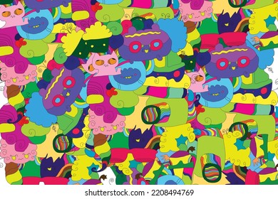 Formas abstractas, graciosos personajes cómicos lindos y elementos de garabatos. Fondo moderno de ilustración