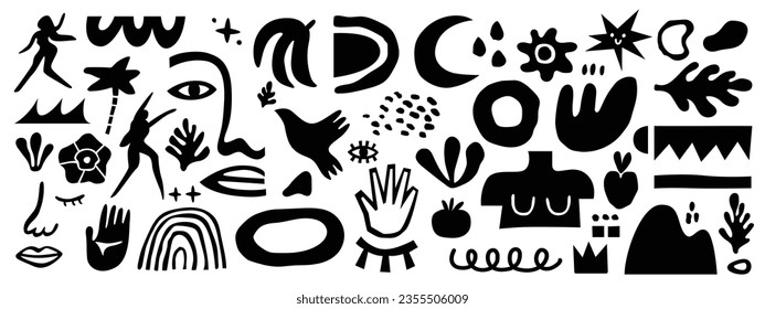 Abstract shapes, funny comic cute characters and doodles. Trendy modern illustration for poster, postcard or background