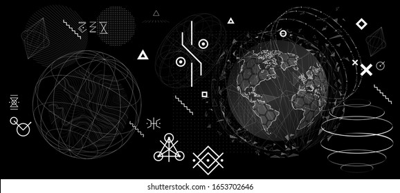 Abstract shapes and futuristic minimal elements spheres and astronomical bodies. Set of neo memphis geometric shapes. Blackboard with alchemical enigmatic symbols. Vaporwave style, Vector set