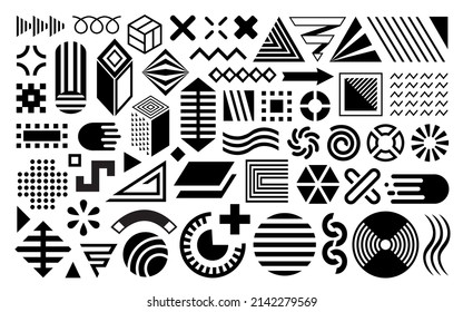Abstract shapes, geometric design elements, Memphis set, vector abstract simple forms and figures in black isolated on white background. Trendy vintage decoration, 90's retro style.