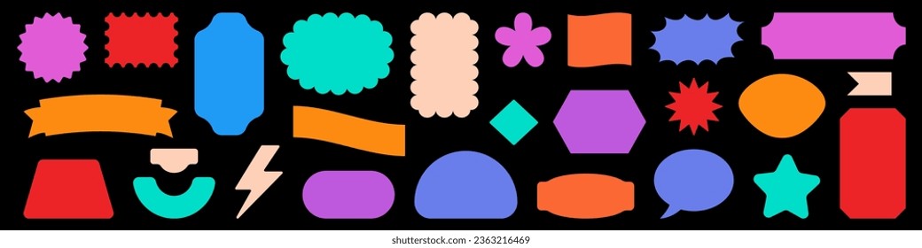 Formas abstractas. Cifras planas geométricas. Pegatinas de color brillante. Símbolo relámpago. Estrella y flor. Burbuja del discurso. Sellos simples en blanco. Iconos coloridos de silueta. Juego de etiquetas en blanco para vectores