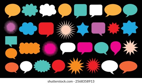 Abstract shapes. Geometric flat figures. Bright color stickers. Lightning symbol. Star and flower. Speech bubble