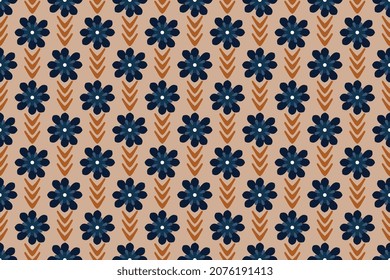 Abstract shapes geometric motif basic pattern continuous background. Modern baby doll floral fabric design textile swatch ladies dress, man shirt all over print block. Orange, white, blue palette.