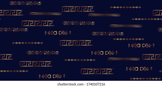 Abstract shapes geometric pattern with lines. Simple graphic print. A seamless vector background. Dark and gold texture.