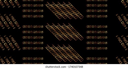 Abstract shapes geometric pattern with lines. Simple graphic print. A seamless vector background. Dark and gold texture.