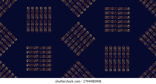 Abstract shapes geometric pattern with lines. Simple graphic print. A seamless vector background. Dark and gold texture.