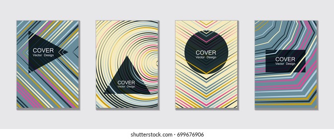 Abstract shapes geometric posters, banners, flyers vector over templates in pink, gold and grey. Halftone lines vector abstract geometric shape pattern background set for posters, journal covers.