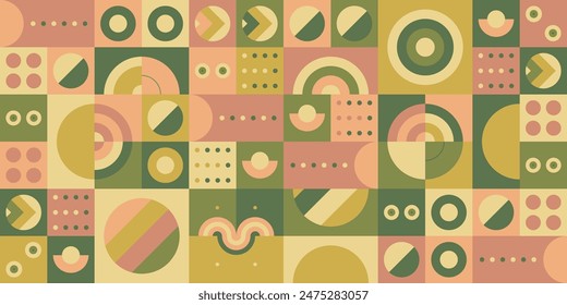 Abstract shapes and geometric seamless patterns. Square, circle, and semicircle shapes. Vector illustration.