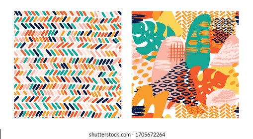 Abstract shapes geometric vector pattern set in bright colors with tropical leaves, brush strokes and animal texture print. Modern seamless texture pattern with grunge,stripes, circle in collage style