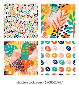 Abstract shapes geometric vector pattern set in bright colors with tropical leaves, brush strokes and animal texture print. Modern seamless texture pattern with grunge,stripes, circle in collage style