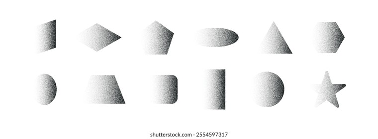 Abstract shapes with gradient and grainy noise texture. Grunge graphic forms, oval,triangle,square. Flat vector illustration isolated on white background.