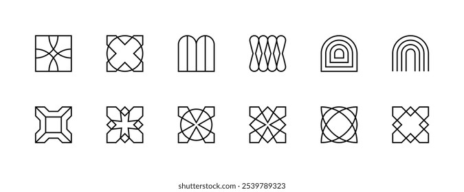 Formas abstratas. Elementos geométricos gráficos, formas diferentes, figura e muito mais. Traçado editável. Pixel perfeito. Grade de 32px.