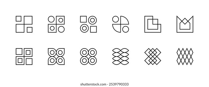 Formas abstratas. Elementos geométricos gráficos, formas diferentes, símbolo, figura e muito mais. Traçado editável. Pixel perfeito. Grade de 32px.