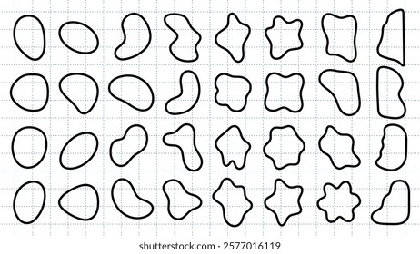 Abstract shapes in a grid pattern. Organic shapes, varied outlines. Grid background with abstract, organic forms. Shapes vary in size and outline. Black shape vector set.