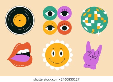 Abstract shapes. Groovy party. Retro music record disc. Eyes and woman mouth lips. Disco club ball. Hand rave gesture. Daisy flower. Happy smile face. Discotheque sticker. Vector funky elements set