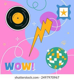 Formas Abstractas. Una fiesta estupenda. Disco de vinilo de música retro. Disco DJ. Pelota de club de discoteca. WOW relámpago. Diviértete. Tarjeta de la nostalgia. Brillo de estrella funky. Ambiente hipster. Discoteca Vector de alegría Anuncio de color plano