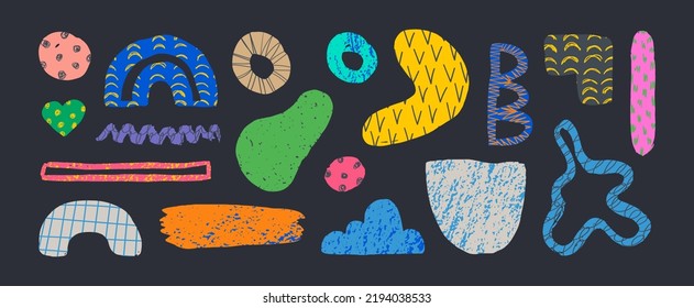 Formas abstractas con texturas gruesas. Dibujar garabatos, elementos y formas. Grunge formas abstractas para afiches, fondos o patrones.