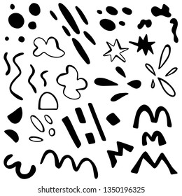 Abstract shapes hand drawn black, white pattern. Drops, lines, dots, spots, stars cartoon texture. Geometric elements sketch illustration. Ethnic, tribal flat vector design isolated on background