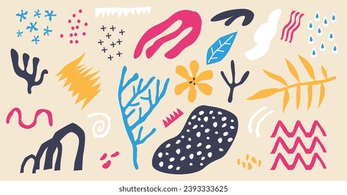 Formas abstractas y objetos de arte de la naturaleza de verano felices dibujados a mano ilustraciones vectoriales. Artículos aislados con colores diferentes y diseño de línea simple. Mínimo adorno pintado con temática floral.