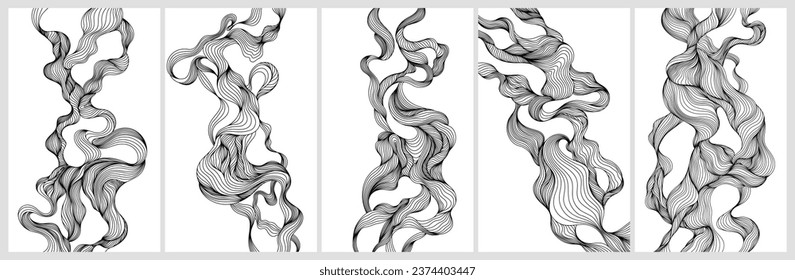 Abstract shapes hand drawn line illustration for background set. Ink painting style composition for decoration isolated on white collection.