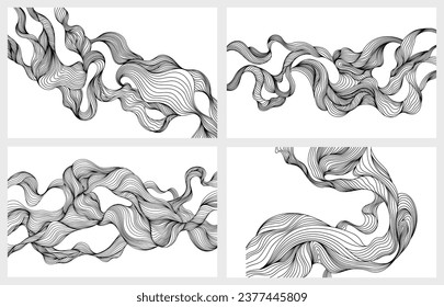 Abstract shapes hand drawn line illustration for background set. Ink painting style composition for decoration isolated on white collection.