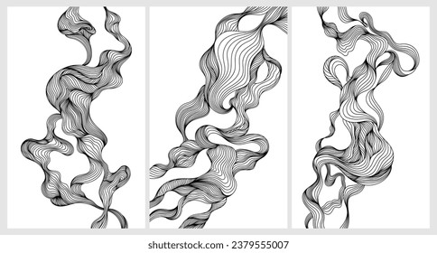 Abstract shapes hand drawn line illustration for background set. Ink painting style composition for decoration isolated on white collection.