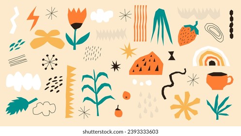 Abstract shapes and hand drawn summer nature art objects vector illustration. Isolated items with different colors and simple line design. Minimal ornaments painting in floral theme.