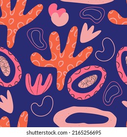 Abstract shapes with hand drawn textures, seamless pattern on dark blue background. Freehand and geometric vector doodles - plants, circles and lines.
