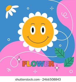 Abstract shapes. Happy flower. Groovy chamomile. Smiling face. Retro emoticon. Positive emotion expression. Daisy bud and plant leaves. Hippie blossom square sticker. Cute emoji. Vector 70s banner