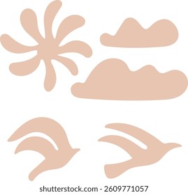 Abstract shapes include a spiral, clouds, and birds in a minimalist style. Simplified forms create a harmonious composition with organic curves. Cartoon vector illustration.