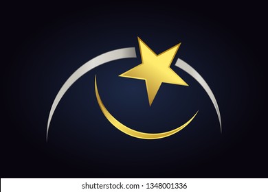 Abstract shapes isolated on dark background. Golden star near two semicircle shapes in gold and silver colors. Silver moon and golden star.