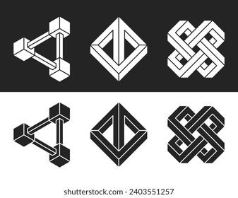 Abstract shapes isolated on white and black background. Impossible shapes collection .Vector illustration.