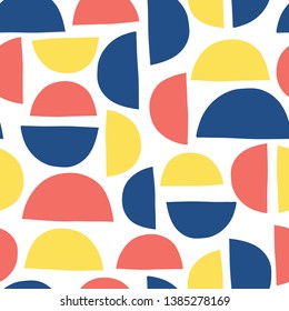 Abstract shapes kids pattern. Semicircles seamless vector background blue red yellow on white