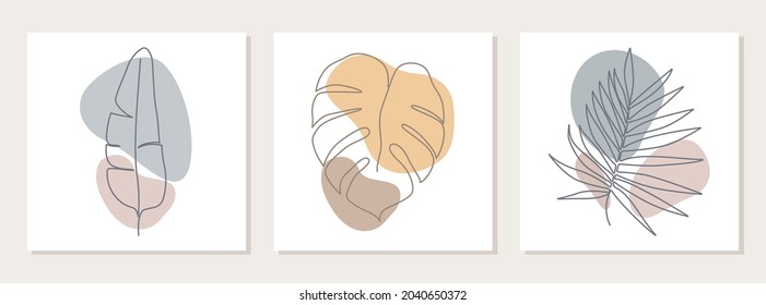 Abstract shapes and leaves: palm, monstera, drawn by one line. Outline drawing. The art of minimalism. Suitable for home decor, posters, wall art, prints, stickers, mobile phone cases. Vector .