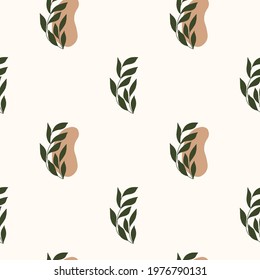 Abstract shapes and leaves seamless pattern. Doodle digital paper. Vector illustration.