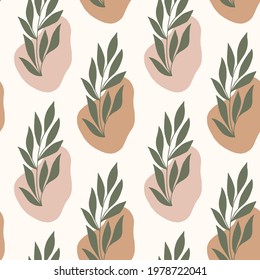 Abstract shapes and leaves seamless pattern. Doodle digital paper. Vector illustration.