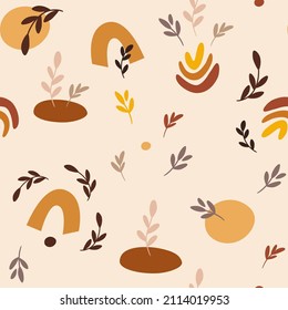 Abstract shapes and leaves seamless pattern. Hand Draw Background in boho style. Great for fabric, papers, covers, interior decor textile. Vector cartoon illustration