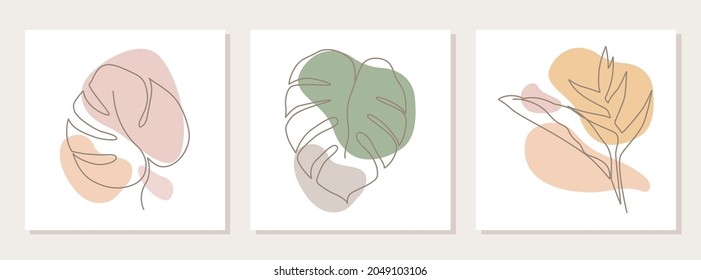 Abstract shapes and leaves: strelitzia, monstera, drawn in one line. Outline drawing. The art of minimalism. Suitable for home decor, posters, wall art, prints, stickers, mobile phone cases. Vector .