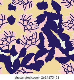 Abstract shapes, leopard spots and flowers seamless pattern design. Vector background, wallpaper, wrapping paper, fabric, print