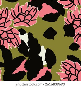 Abstract shapes, leopard spots and flowers seamless pattern design. Vector background, wallpaper, wrapping paper, fabric, print