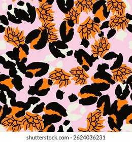 Abstrakte Formen, Leopardenflecken und Blumen nahtloses Muster Design. rosafarbener Vektor heller Hintergrund, Tapete, Wickelpapier, Stoff, Druck