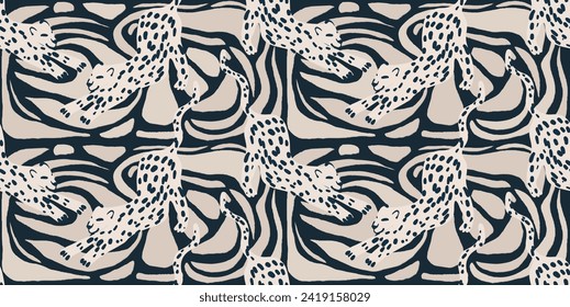 Abstract shapes with leopards print. Creative contemporary seamless pattern. Hand drawn unique print.