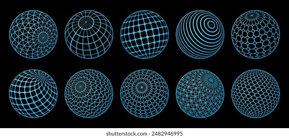 Abstract shapes. Line globe. 3D planet orb. Tech model. Earth ball. Outline grid with dot. Wireframe technology. Digital mesh. Geometric round figure. Wire network. Neon polygon. Vector circles set